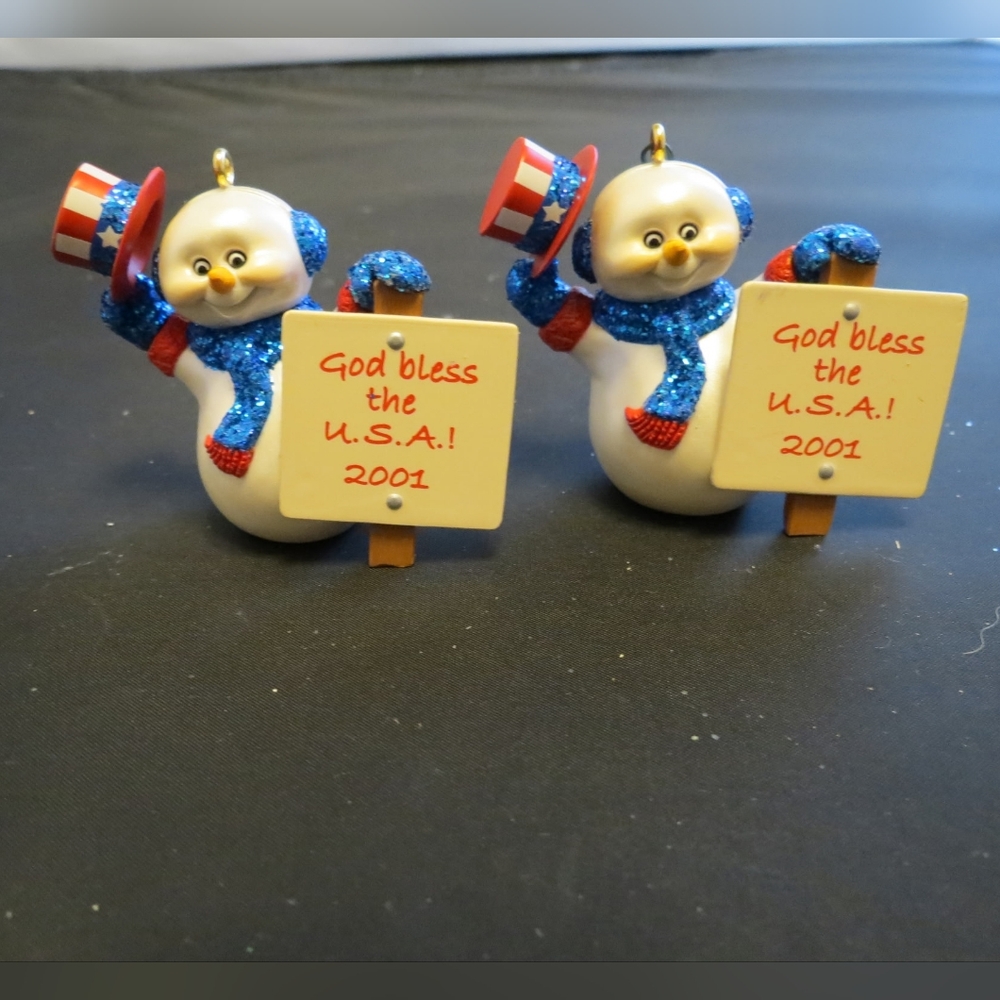 Vintage 2001 Hallmark Keepsake Cool Patriot Snowman Ornaments Set Of 2